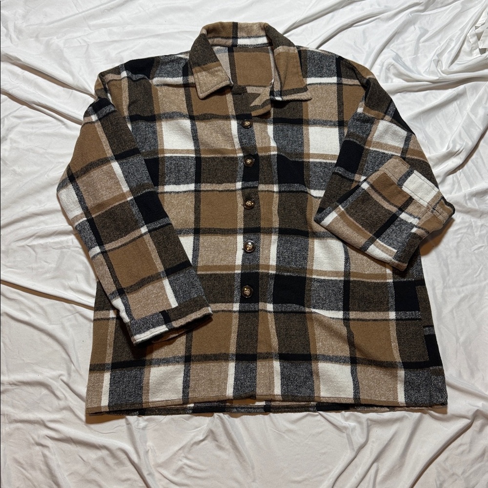Plaid Button-Up Shacket - Tan, White and Black
